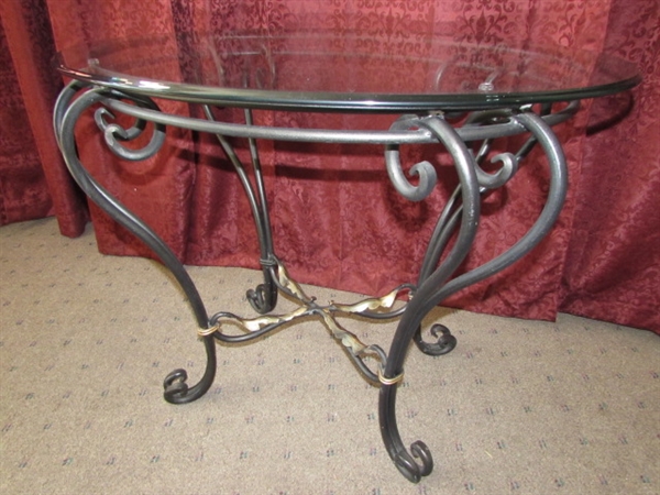 ELEGANT WROUGHT IRON END TABLE WITH BEVELED GLASS TOP