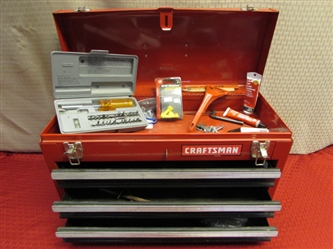 METAL CRAFTSMAN TOOL CHEST WITH LARGE VARIETY OF DRILL BITS, SCRAPER & MORE