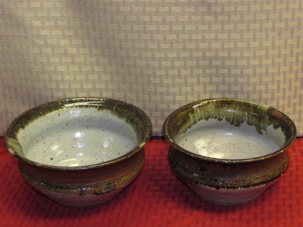 BEAUTIFUL HAND THROWN POTTERY COVERED DISH & TWO BOWLS 