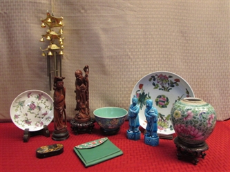 GORGEOUS ORIENTAL DECOR- CARVED WOOD & CERAMIC STATUES, HAND PAINTED VASE, BOWL, PLATES, WINDCHIME & MORE