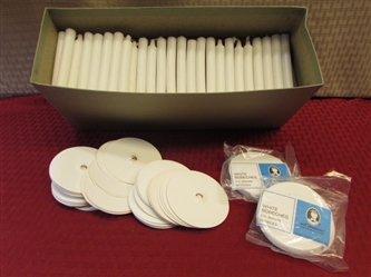 BOX OF OVER 100 WHITE UNCENTED CANDLES WITH OVER 100 PAPER BOBECHES