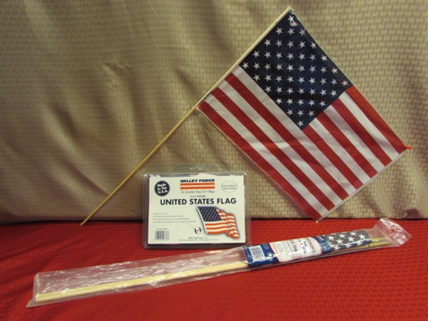 ALL AMERICAN COOK OUT- LONG HANDLED CORN POPPER, INSULATED FOOD STORAGE, BBQ UTENSILS, FLAGS & . . . . .