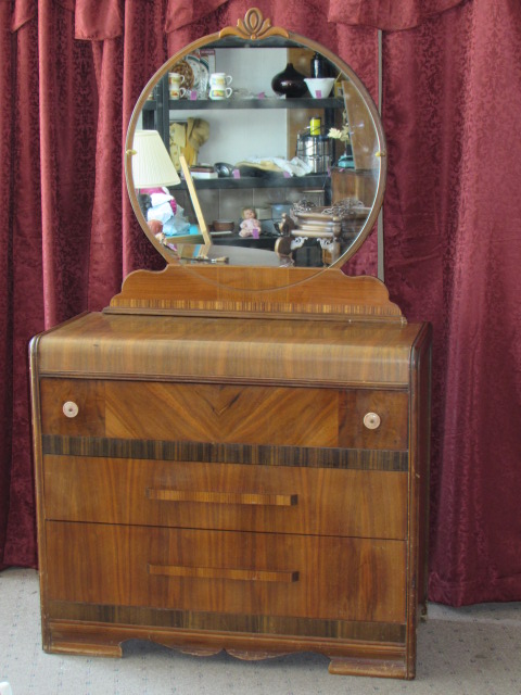 Gorgeous Antique Waterfall Dresser With, Antique Waterfall Vanity With Round Mirror