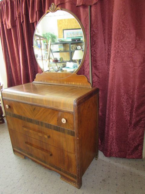 Lot Detail Gorgeous Antique Waterfall Dresser With Round Mirror