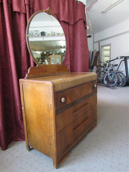Lot Detail - GORGEOUS ANTIQUE WATERFALL DRESSER WITH ROUND MIRROR