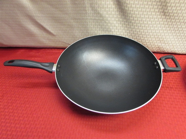 LARGE T-FAL WOK & FRY PAN & NON STICK SAUCE PAN 