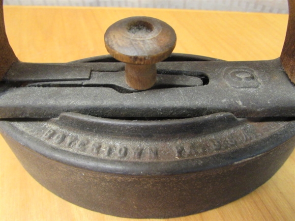TWO ANTIQUE FLAT IRONS, ONE WITH WOODEN HANDLE