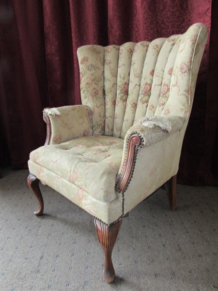ANTIQUE WING BACK ARM CHAIR WITH CARVED LEGS & BRASS TACK UPHOLSTERY 