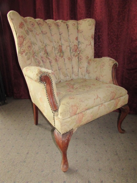 ANTIQUE WING BACK ARM CHAIR WITH CARVED LEGS & BRASS TACK UPHOLSTERY 
