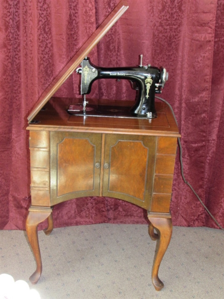 BEAUTIFUL ANTIQUE  CABINET WITH GRAND ROTARY SEWING MACHINE