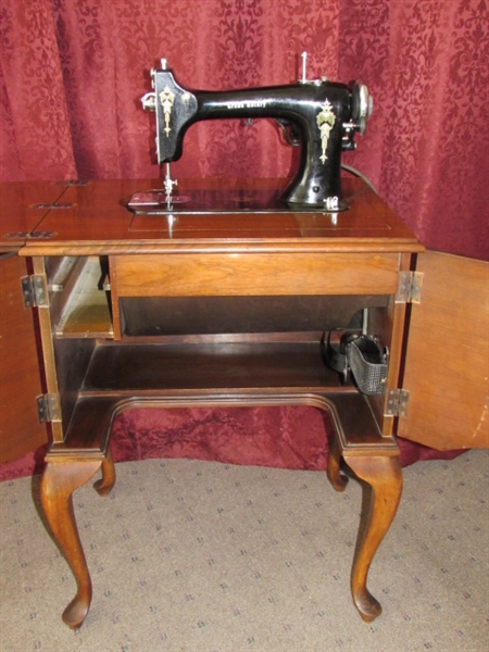 BEAUTIFUL ANTIQUE  CABINET WITH GRAND ROTARY SEWING MACHINE