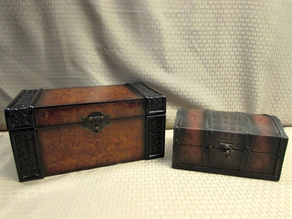 TWO DECORATIVE TABLE TOP STORAGE CHESTS 