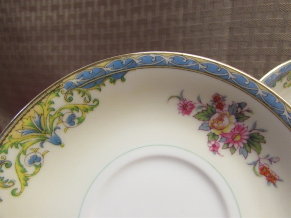 TEA TIME!  VINTAGE NORITAKE TEA CUPS, SAUCERS & SNACK PLATES W/ 24K ACCENTS, FLOWERS & BLUE & YELLOW BORDERS 