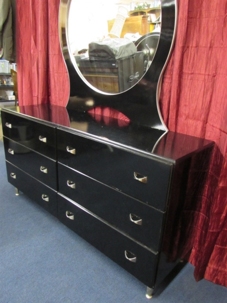 CLASSY BLACK LACQUER 6 DRAWER DRESSER WITH MIRROR