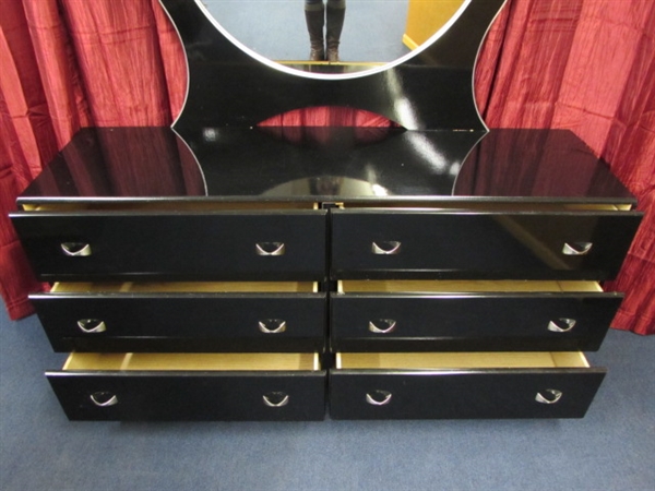 CLASSY BLACK LACQUER 6 DRAWER DRESSER WITH MIRROR