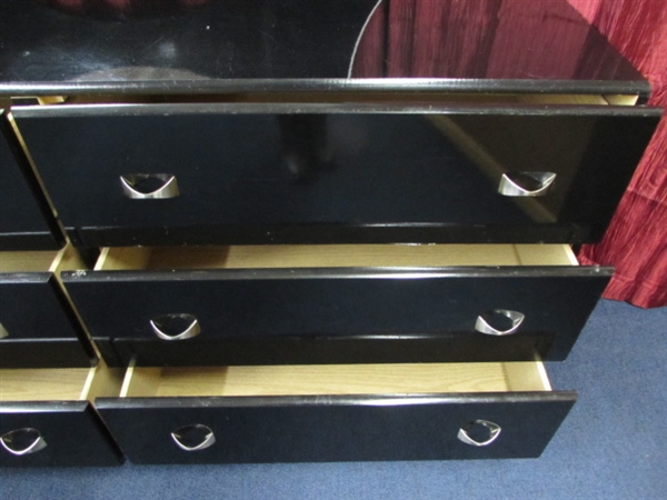 CLASSY BLACK LACQUER 6 DRAWER DRESSER WITH MIRROR
