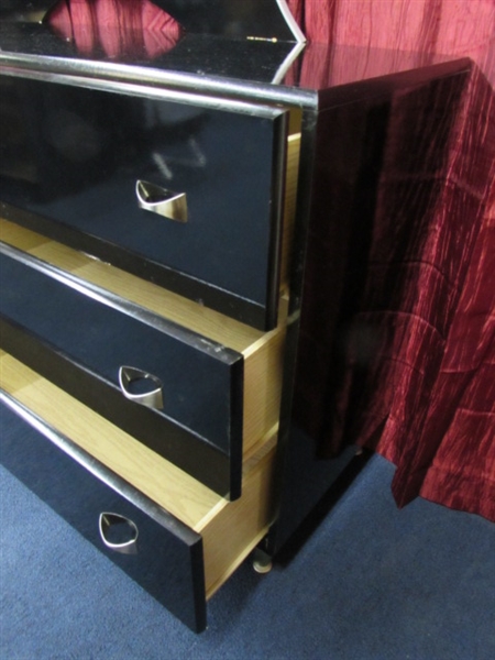 CLASSY BLACK LACQUER 6 DRAWER DRESSER WITH MIRROR