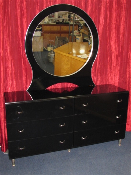 CLASSY BLACK LACQUER 6 DRAWER DRESSER WITH MIRROR