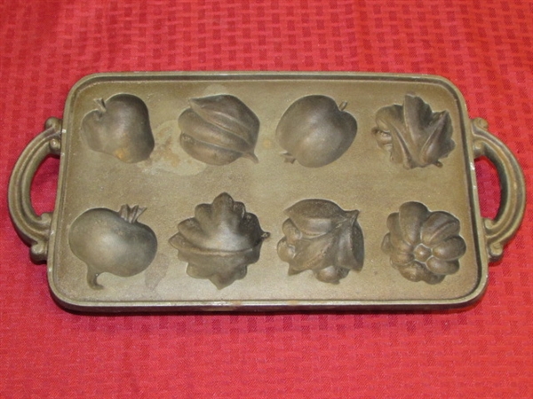 RARE CAST IRON MUFFIN MOLD FOR FRUIT & VEGGIE SHAPED MUFFINS & OLD TIN COOKIE CUTTERS