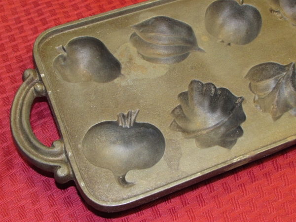 RARE CAST IRON MUFFIN MOLD FOR FRUIT & VEGGIE SHAPED MUFFINS & OLD TIN COOKIE CUTTERS
