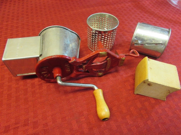 SWEET TABLE CLAMP GRATER, PYREX, TUBE MOLDS, & ROUND EGG/PANCAKE BATTER RINGS, & PIE PANS
