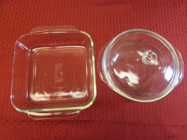 SWEET TABLE CLAMP GRATER, PYREX, TUBE MOLDS, & ROUND EGG/PANCAKE BATTER RINGS, & PIE PANS