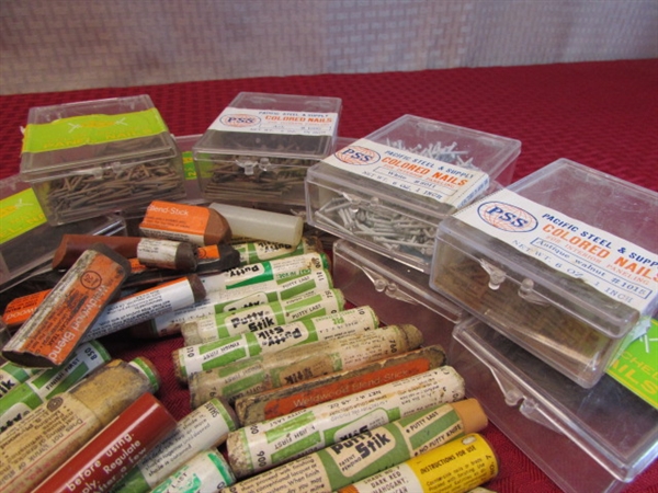 FIXER UPPERS! BOXES OF DIFFERENT COLORED PANEL NAILS, FURNITURE PUTTY STICKS, & MORE!