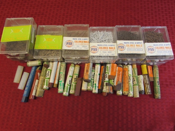 FIXER UPPERS! BOXES OF DIFFERENT COLORED PANEL NAILS, FURNITURE PUTTY STICKS, & MORE!