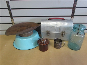 VINTAGE BALL JAR, THERMOS LUNCHBOX, BLUE ENAMELED PAN, RUSTIC SCALE BASKET, SILVER CUP & MORE