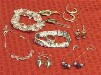 A BIT OF GLAM! IRIDESCENT GLASS LEAF EARRINGS, SILVER & CRYSTAL BEADED BRACELET, VINTAGE TIE CLIPS & MORE