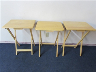 THREE STYLISH WOODEN FOLDING TV TRAYS GREAT FOR "DINNER & A MOVIE" OR FOR CHAIRSIDE PROJECTS