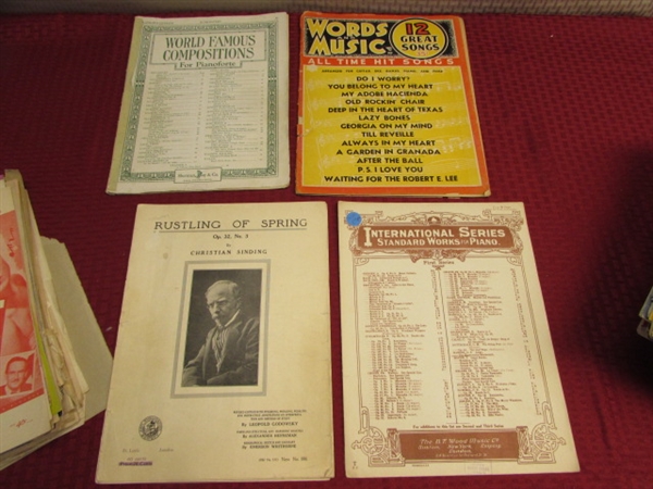 HUGE COLLECTION OF ANTIQUE & VINTAGE PIANO SHEET MUSIC, LOTS OF COOL COVER ART & PHOTOS!