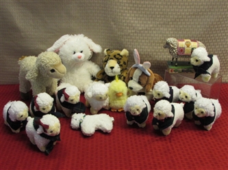 A FLOCK OF PLUSH SPRING SHEEP, DOG WITH BUNNY EARS, CHIRPING CHICK & FRIENDS!