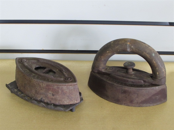 ANTIQUE CAST IRON FLAT IRONS, A HANDLE & TRIVET