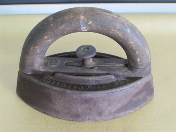 ANTIQUE CAST IRON FLAT IRONS, A HANDLE & TRIVET