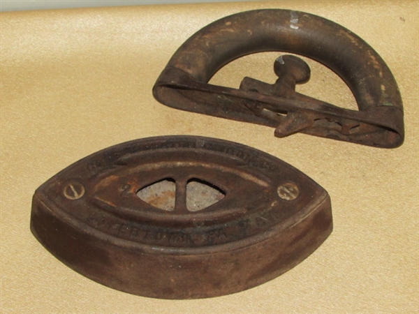 ANTIQUE CAST IRON FLAT IRONS, A HANDLE & TRIVET