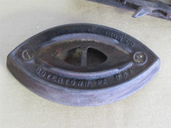 ANTIQUE CAST IRON FLAT IRONS, A HANDLE & TRIVET