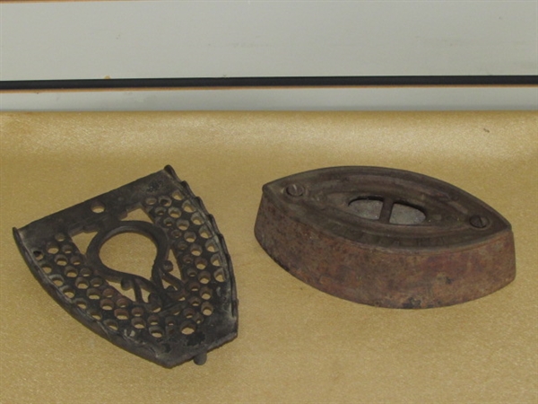 ANTIQUE CAST IRON FLAT IRONS, A HANDLE & TRIVET