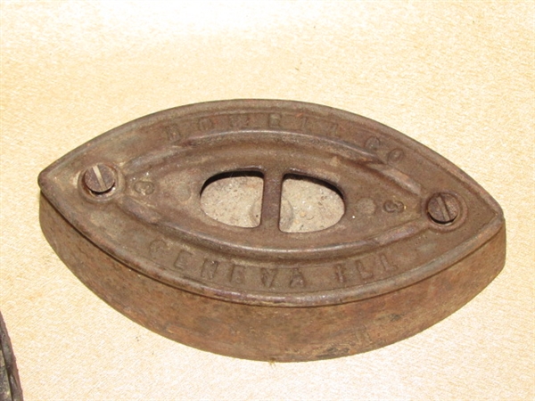 ANTIQUE CAST IRON FLAT IRONS, A HANDLE & TRIVET