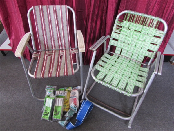 VINTAGE ALUMINUM FOLDING LAWN CHAIR & ROCKING CHAIRS WITH LOADS OF REPLACEMENT WEBBING