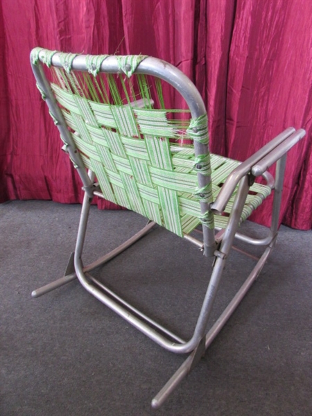 VINTAGE ALUMINUM FOLDING LAWN CHAIR & ROCKING CHAIRS WITH LOADS OF REPLACEMENT WEBBING