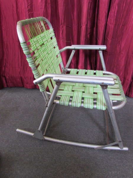 VINTAGE ALUMINUM FOLDING LAWN CHAIR & ROCKING CHAIRS WITH LOADS OF REPLACEMENT WEBBING