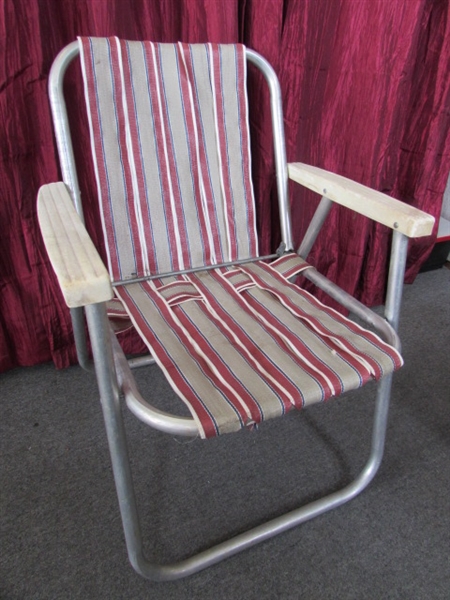 VINTAGE ALUMINUM FOLDING LAWN CHAIR & ROCKING CHAIRS WITH LOADS OF REPLACEMENT WEBBING