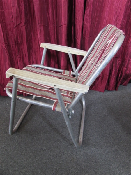 VINTAGE ALUMINUM FOLDING LAWN CHAIR & ROCKING CHAIRS WITH LOADS OF REPLACEMENT WEBBING