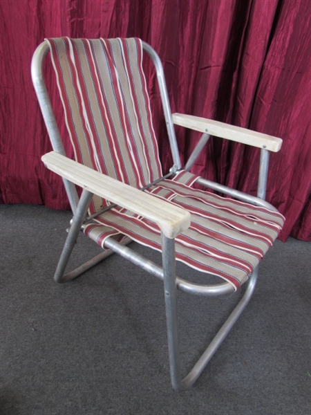 VINTAGE ALUMINUM FOLDING LAWN CHAIR & ROCKING CHAIRS WITH LOADS OF REPLACEMENT WEBBING