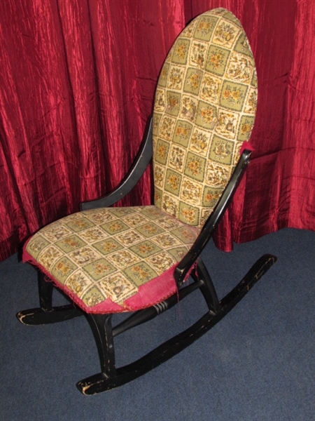 CHARMING ANTIQUE UPHOLSTERED ROCKING CHAIR