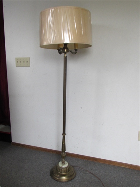 ANTIQUE TORCHIERE STYLE FLOOR LAMP BRASS WITH ONYX DETAILS & MILK GLASS SHADE