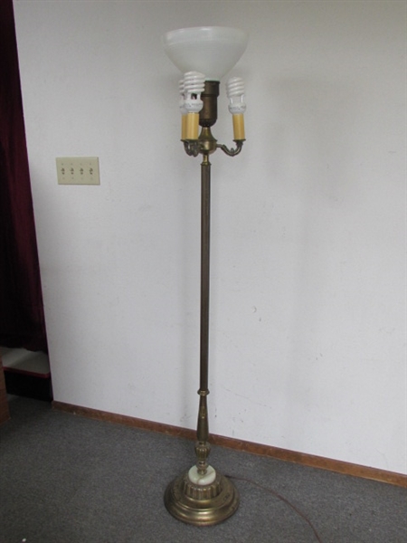 ANTIQUE TORCHIERE STYLE FLOOR LAMP BRASS WITH ONYX DETAILS & MILK GLASS SHADE