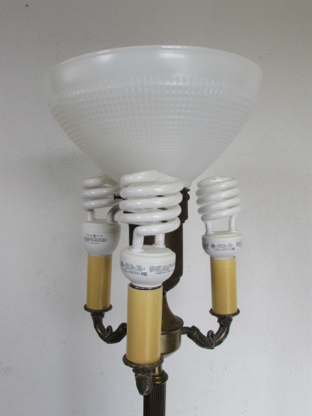 ANTIQUE TORCHIERE STYLE FLOOR LAMP BRASS WITH ONYX DETAILS & MILK GLASS SHADE