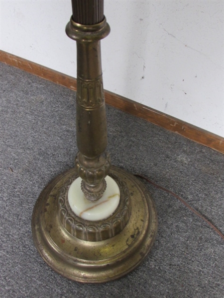 ANTIQUE TORCHIERE STYLE FLOOR LAMP BRASS WITH ONYX DETAILS & MILK GLASS SHADE